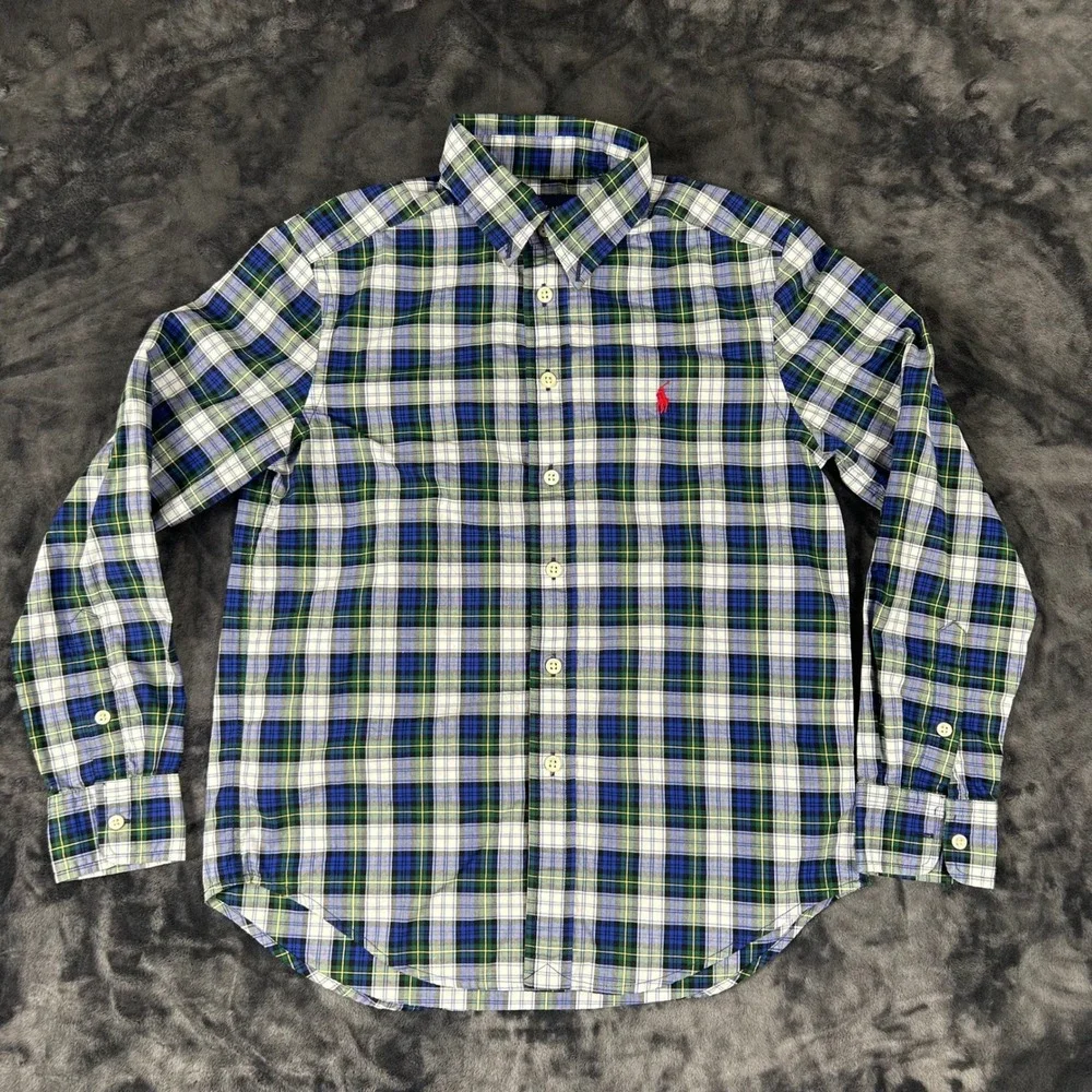 Ralph Lauren Button Down Shirt Kids M 10-12 Blue Green Plaid Natural Stretch